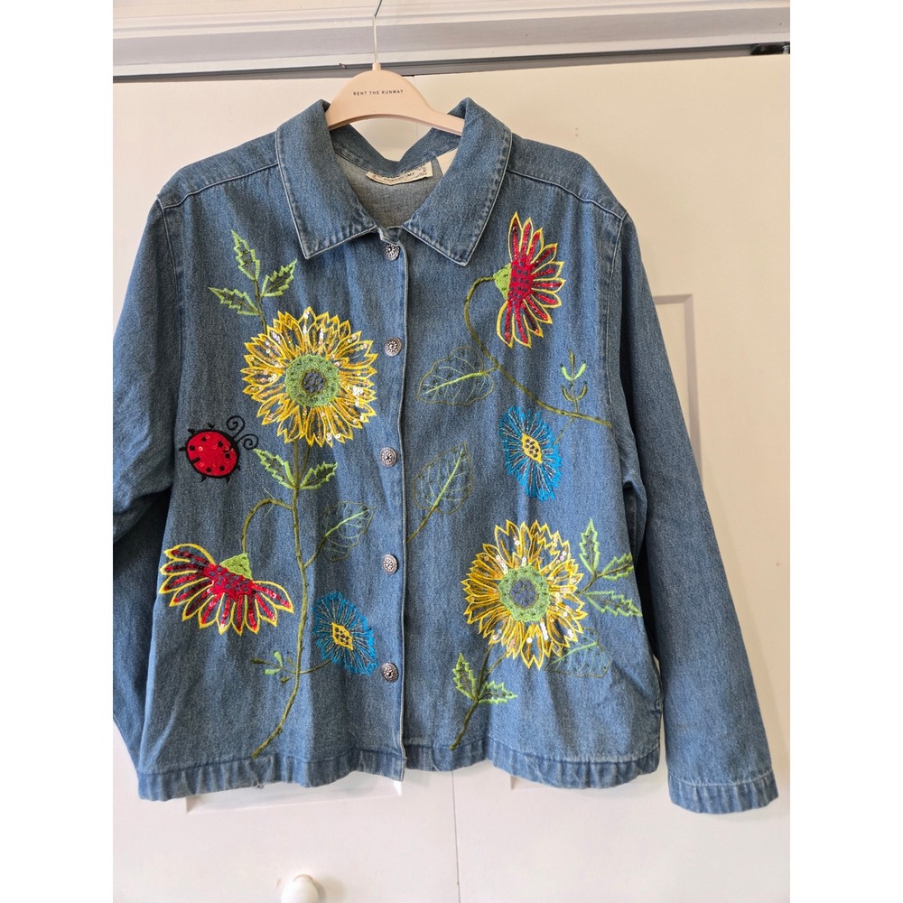 Vintage Embroidered Sunflower Ladybug Denim Jacket Blue Large L Cotton Pockets - Picture 1 of 16